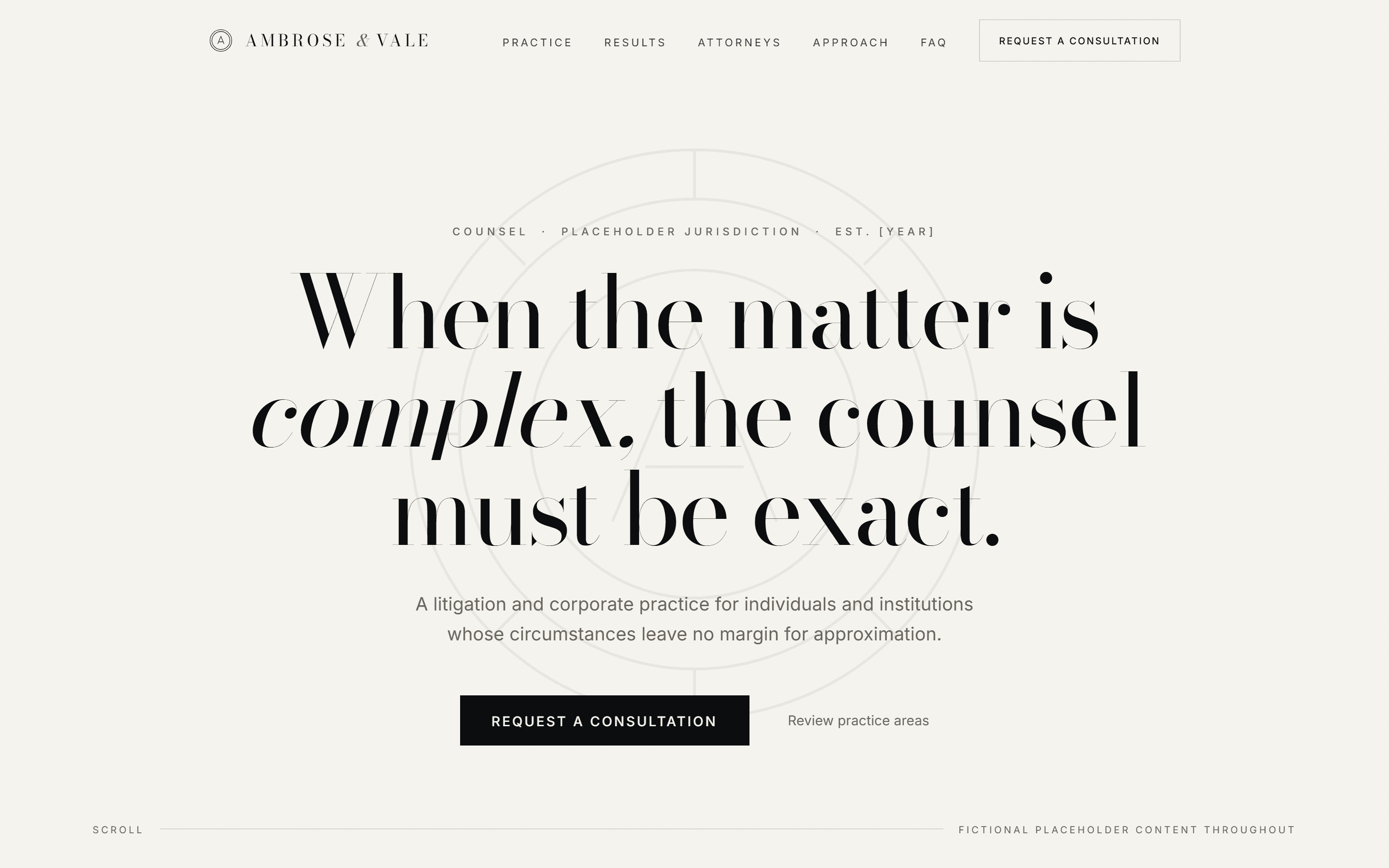 Ambrose & Vale hero — the headline When the matter is complex, the counsel must be exact set in a high-contrast display serif on warm paper.