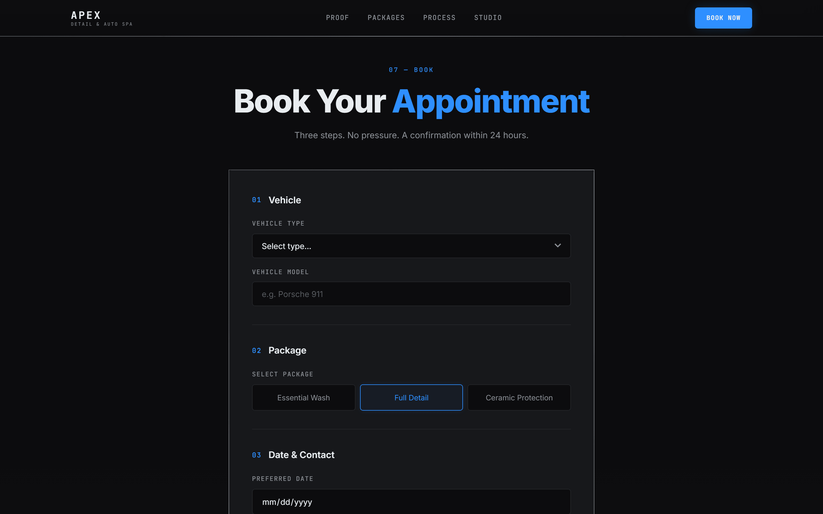 Apex Detail booking form broken into three numbered steps: vehicle, package, and date & contact.