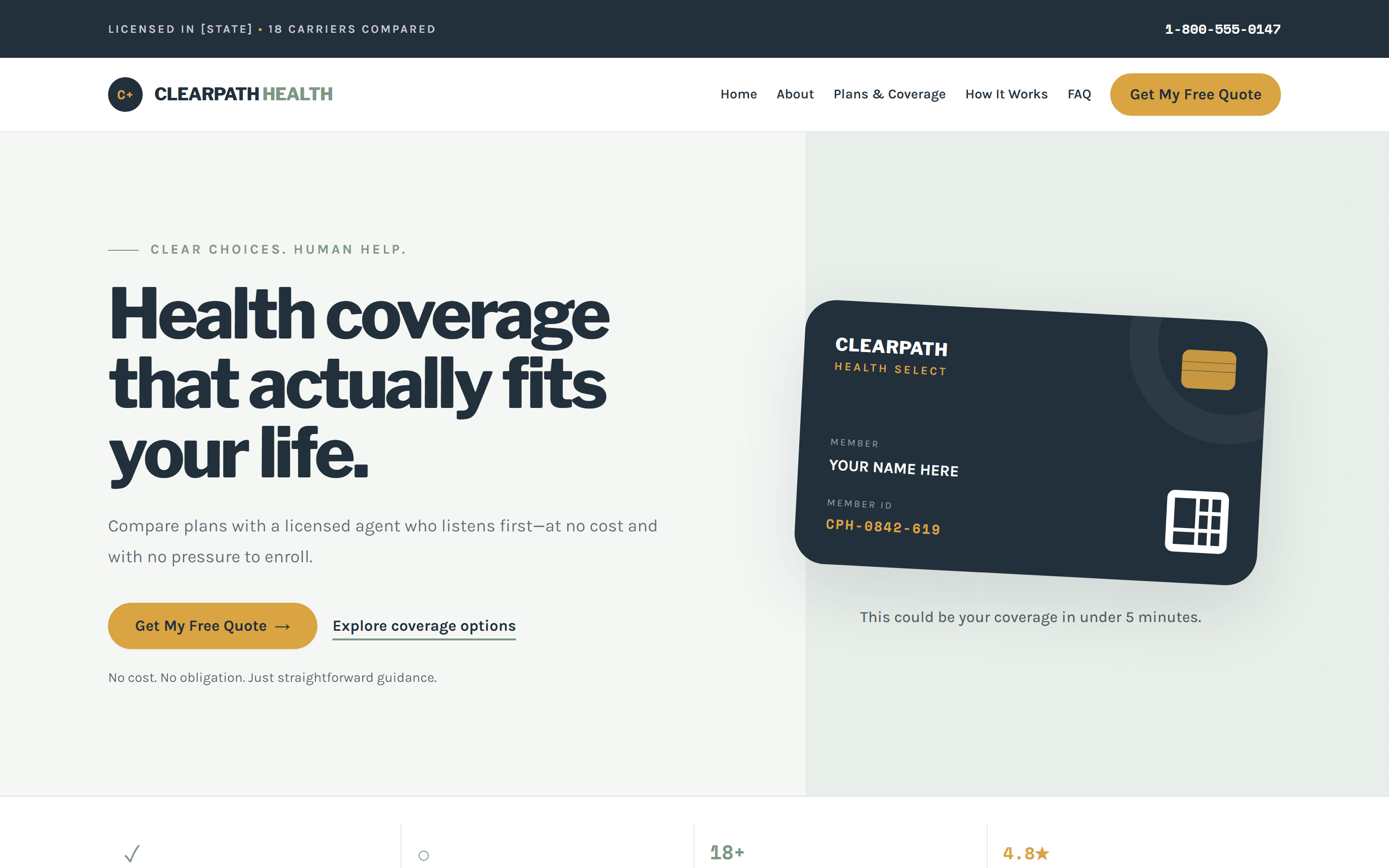 ClearPath Health homepage — the headline Health coverage that actually fits your life beside a tilted membership card illustration.
