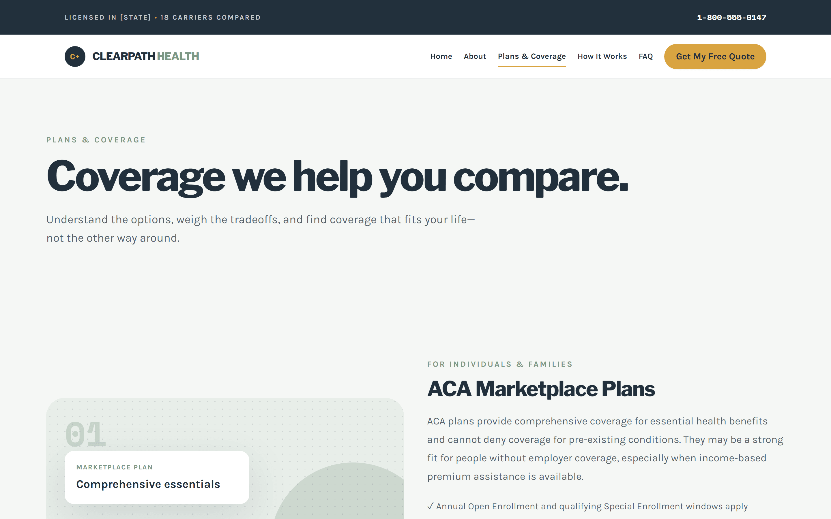 ClearPath Health plans page comparing ACA marketplace, Medicare Advantage, and family coverage options.