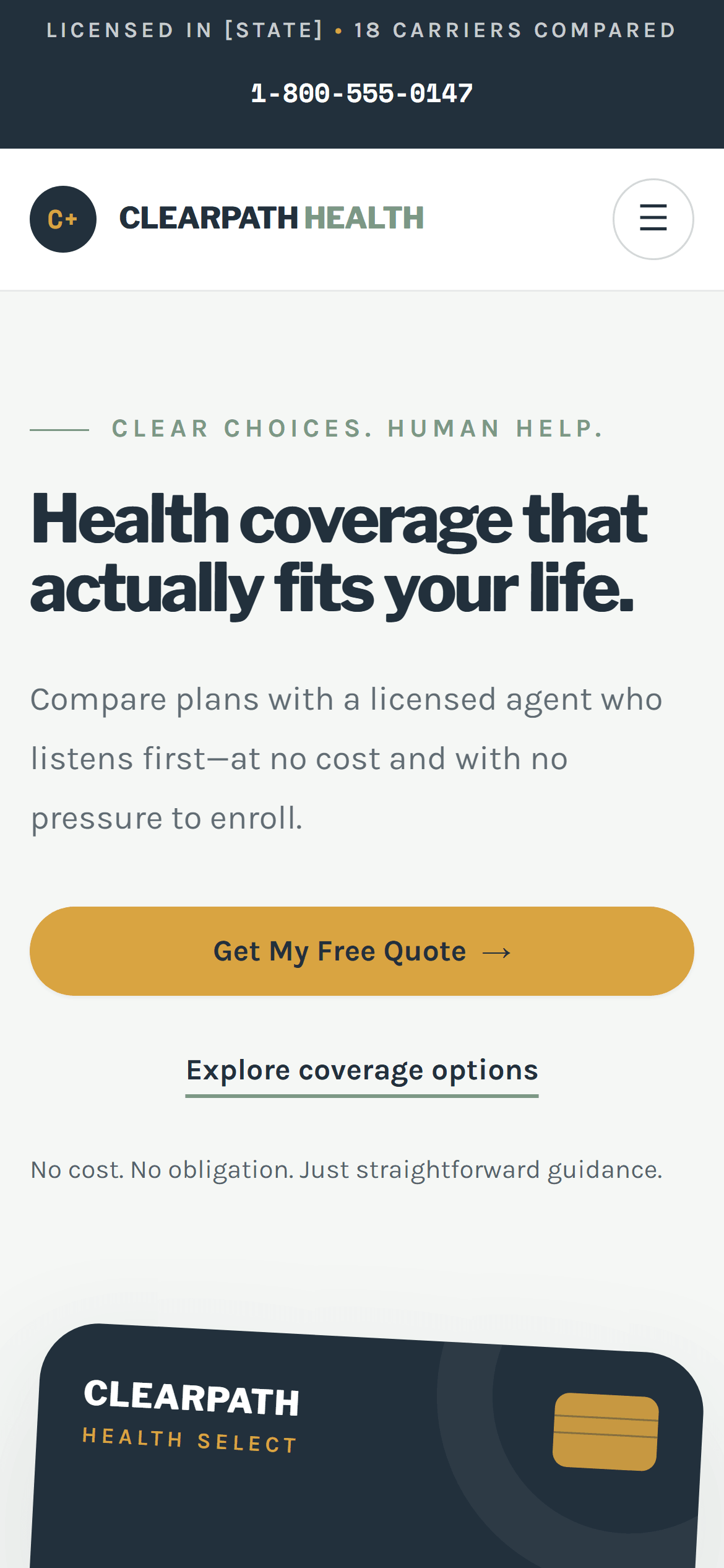 The ClearPath Health homepage on a phone — the headline, membership card and quote button stacked into a single column.