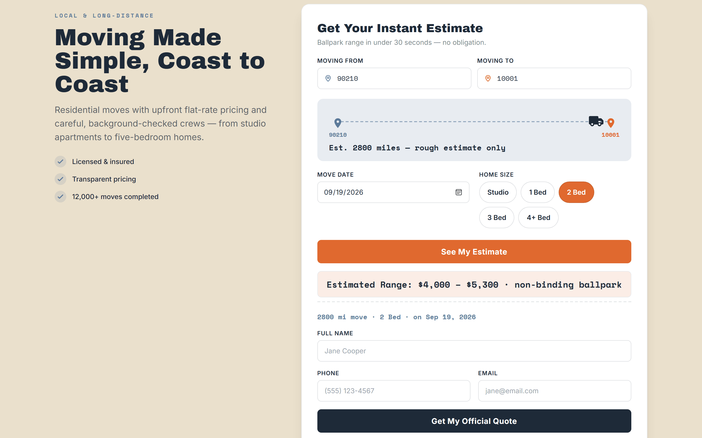 Haulway Moving estimator filled in for a 2,800 mile move, showing an estimated range of $4,000 to $5,300 and a follow-on contact form.