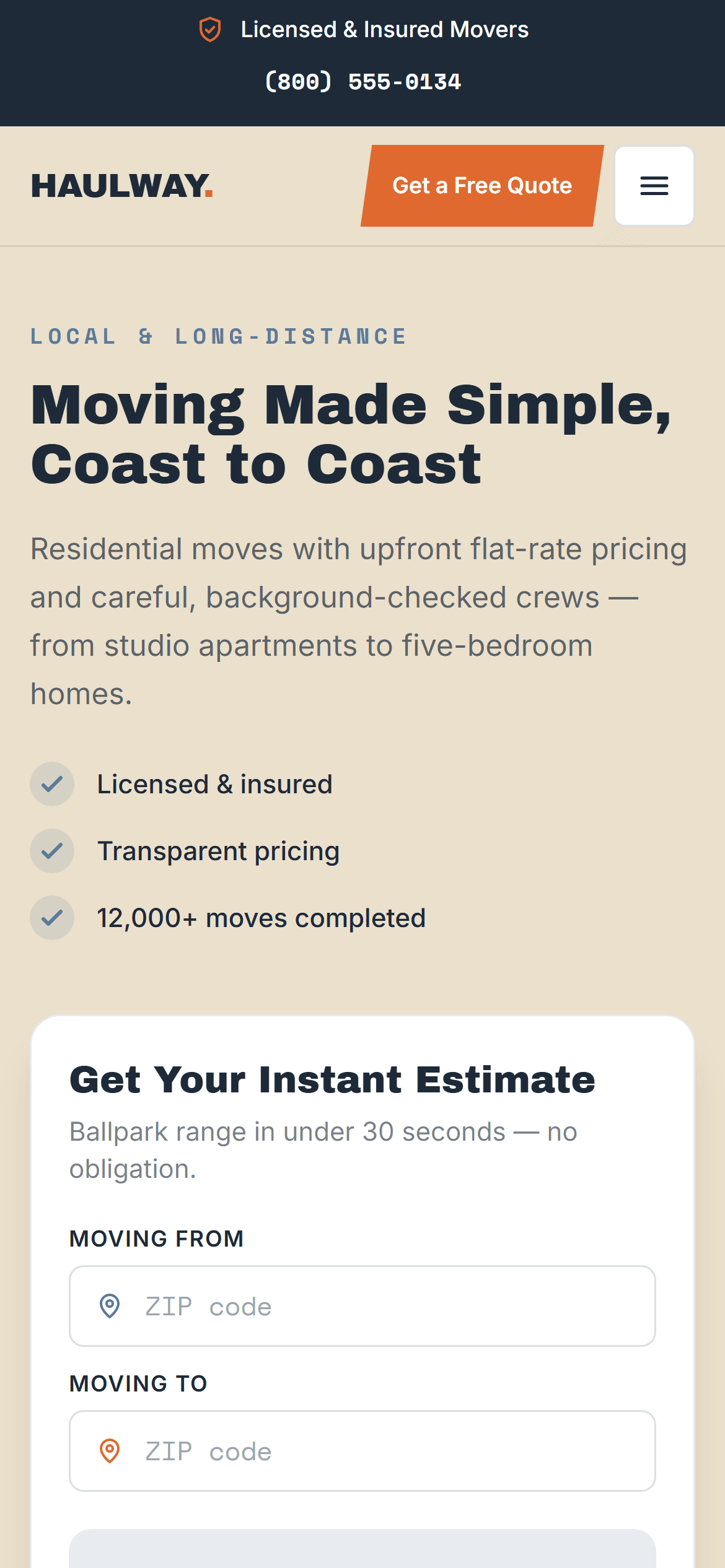 The Haulway Moving homepage on a phone, with the instant estimate form stacked below the headline.