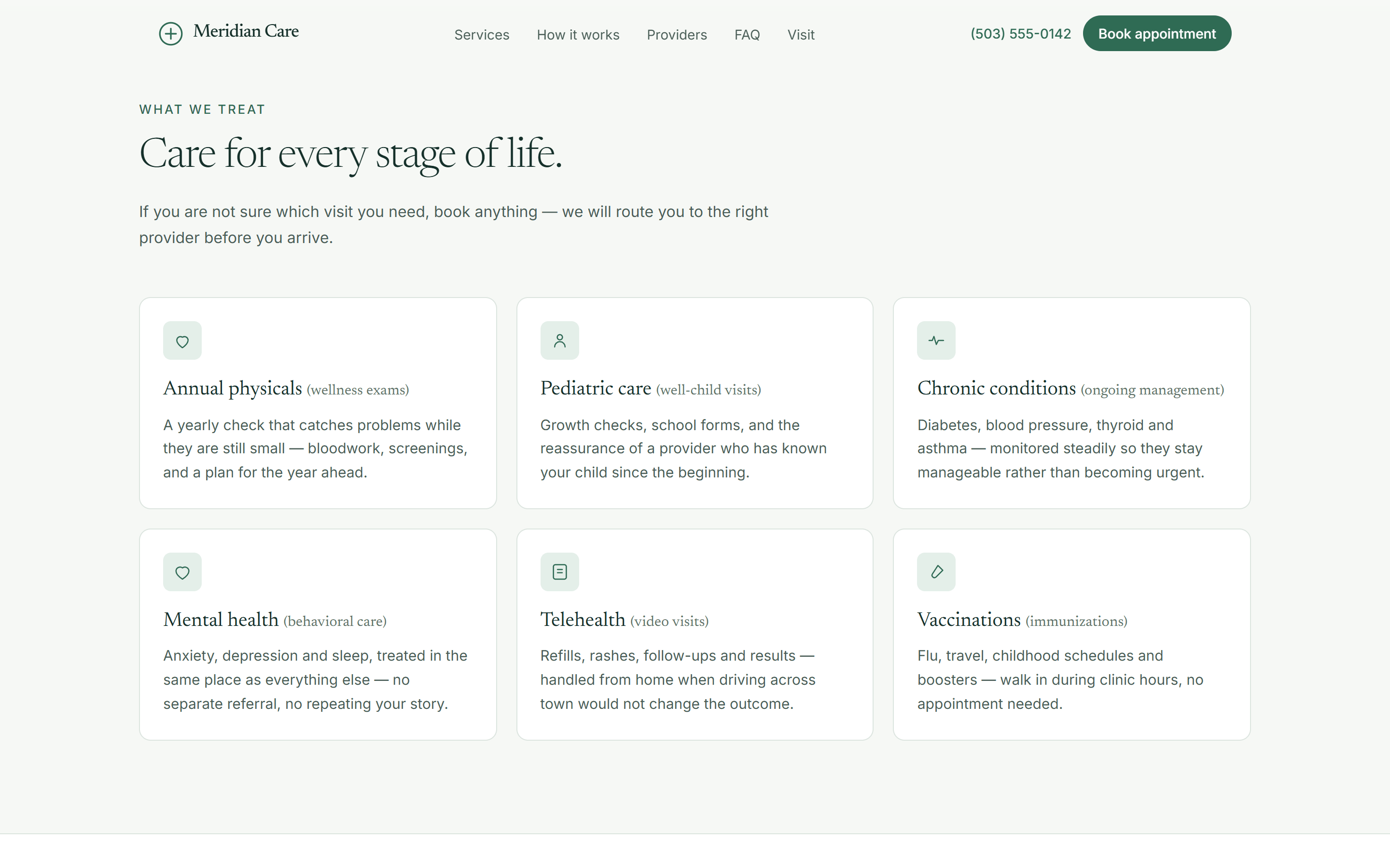 Meridian Care services grid showing six cards: annual physicals, pediatric care, chronic condition management, mental health, telehealth, and vaccinations.
