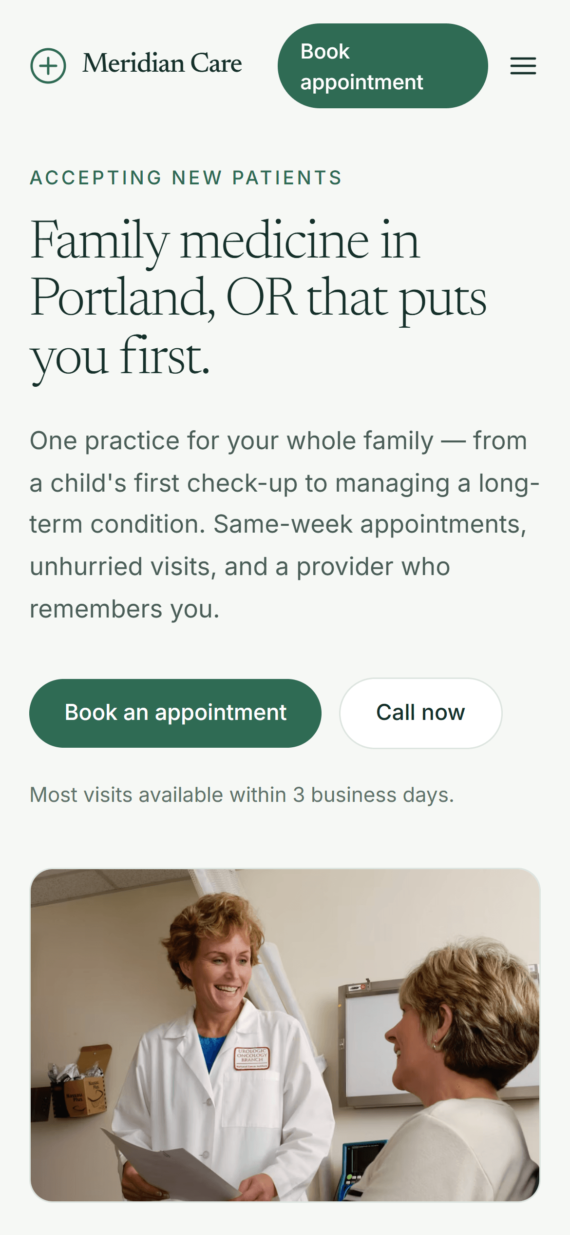 The Meridian Care homepage on a phone — the headline, both calls to action and the booking prompt stacked into one column.