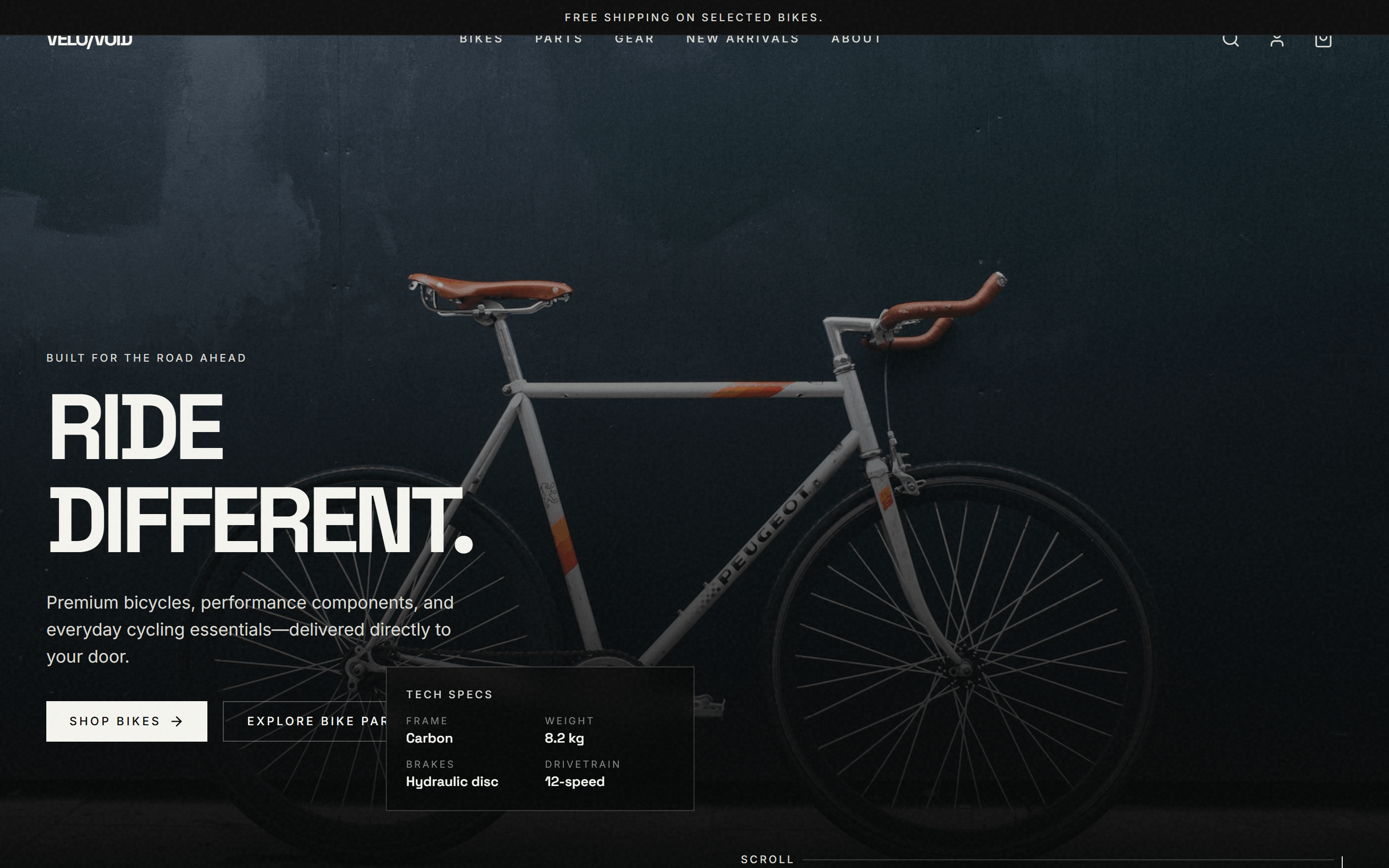Velovoid homepage — a full-bleed dark hero with a bicycle and the headline Ride Different.