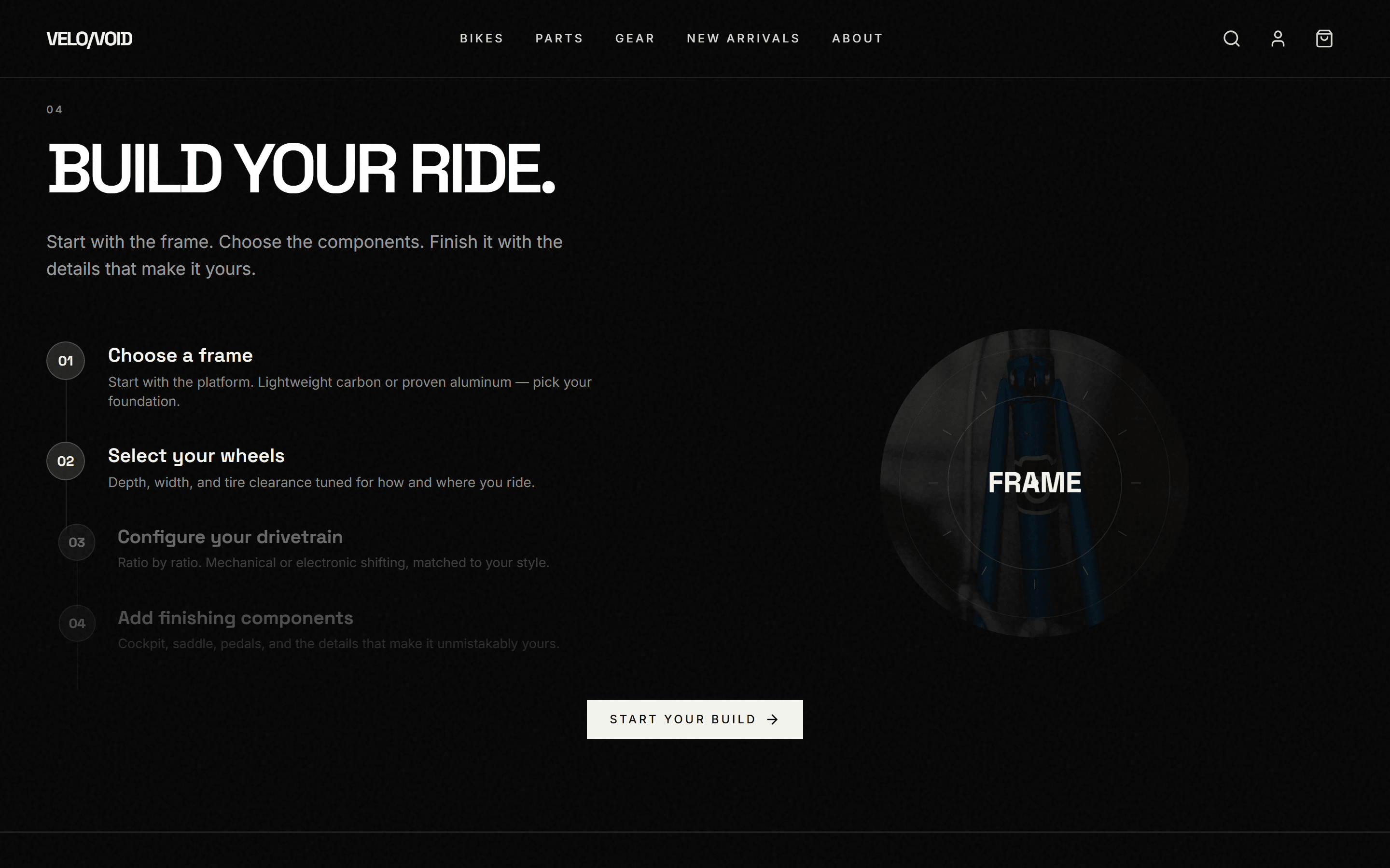 Velovoid build configurator with four numbered steps: frame, wheels, drivetrain, and finishing components.