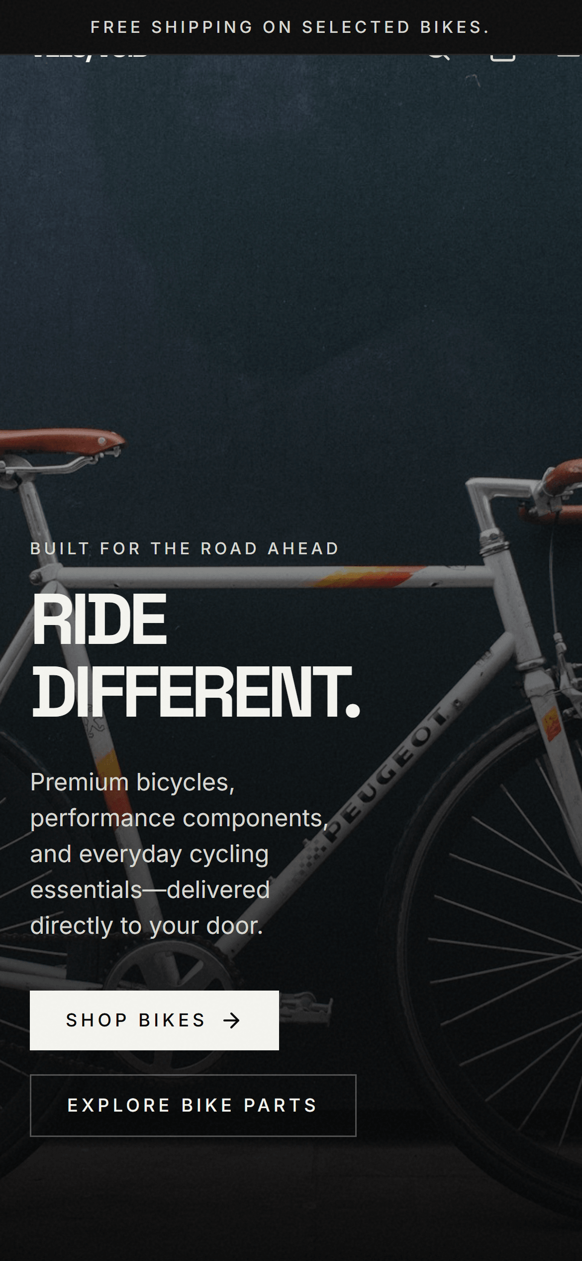 The Velovoid storefront on a phone — the Ride Different hero and both calls to action stacked into one column over the bike photograph.