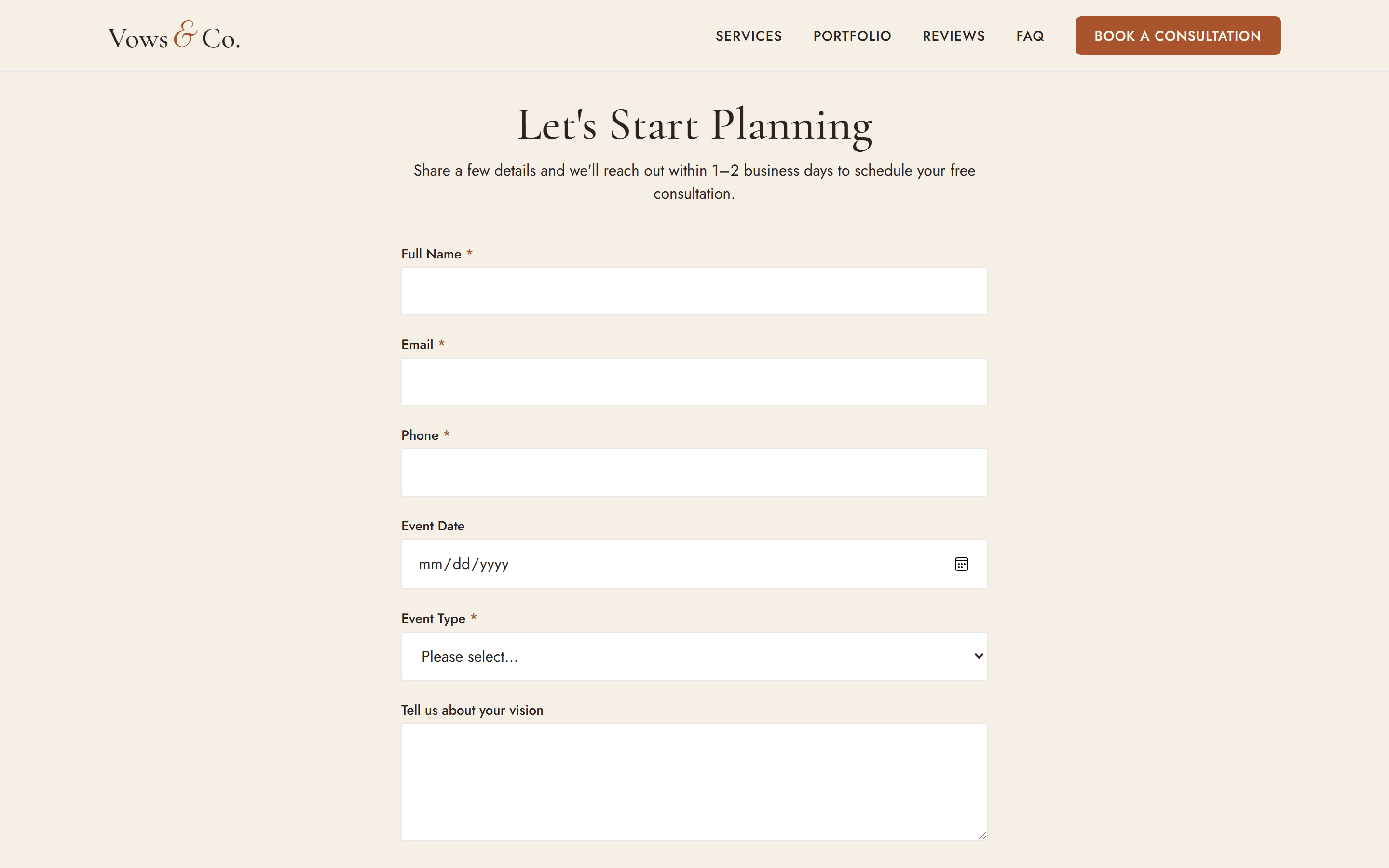 Vows & Co. consultation form asking for event type, date, and contact details, with inline validation.