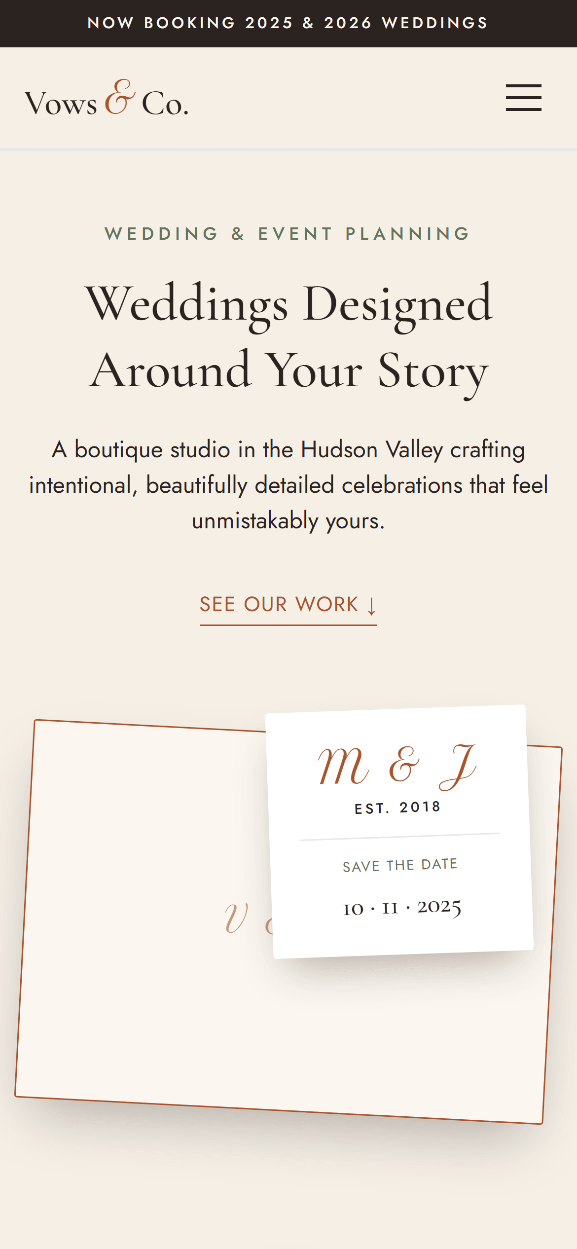 The Vows & Co. homepage on a phone, the editorial serif and save-the-date card re-flowed to portrait.
