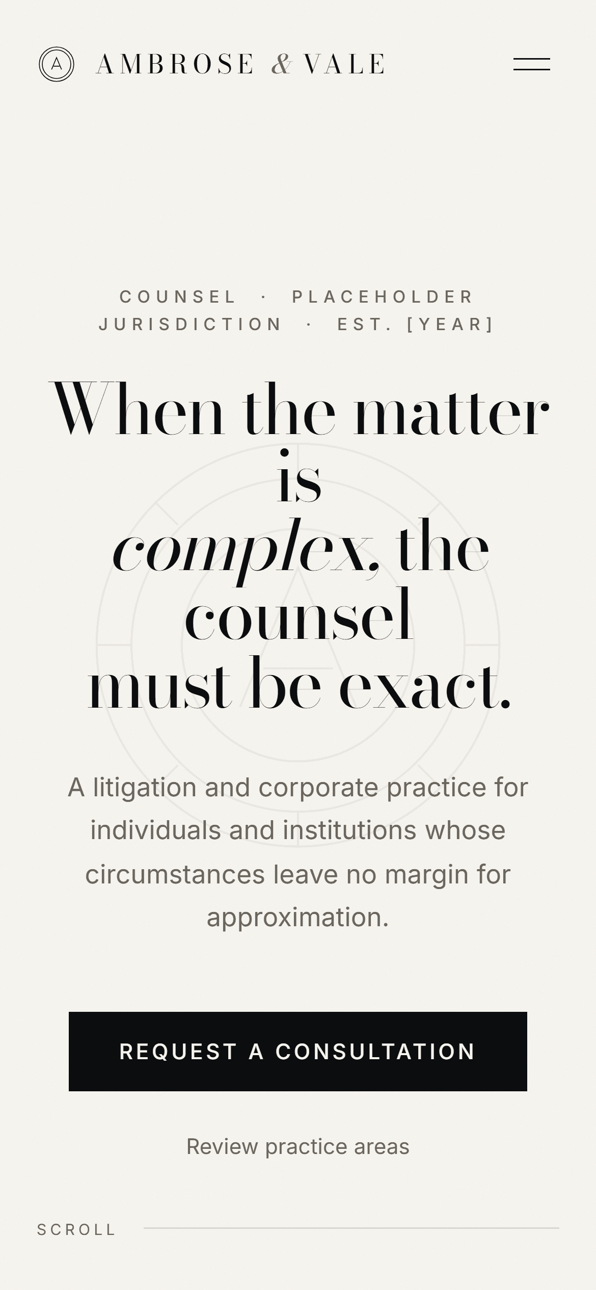 The Ambrose & Vale hero on a phone, the display serif re-set to portrait width with the consultation button in reach.