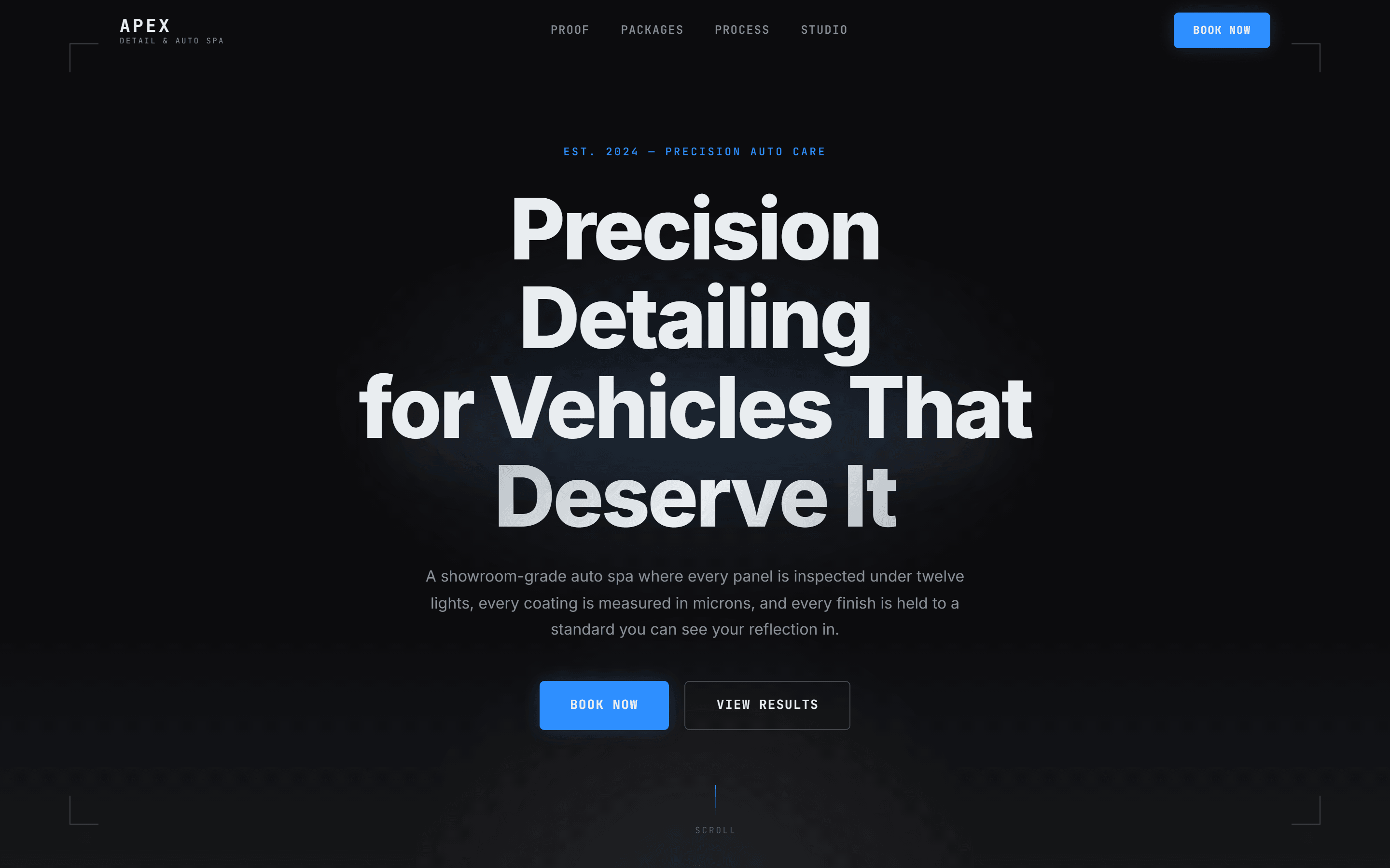 Apex Detail hero — the headline Precision Detailing for Vehicles That Deserve It in heavy white type on near-black, with an electric blue Book Now button.