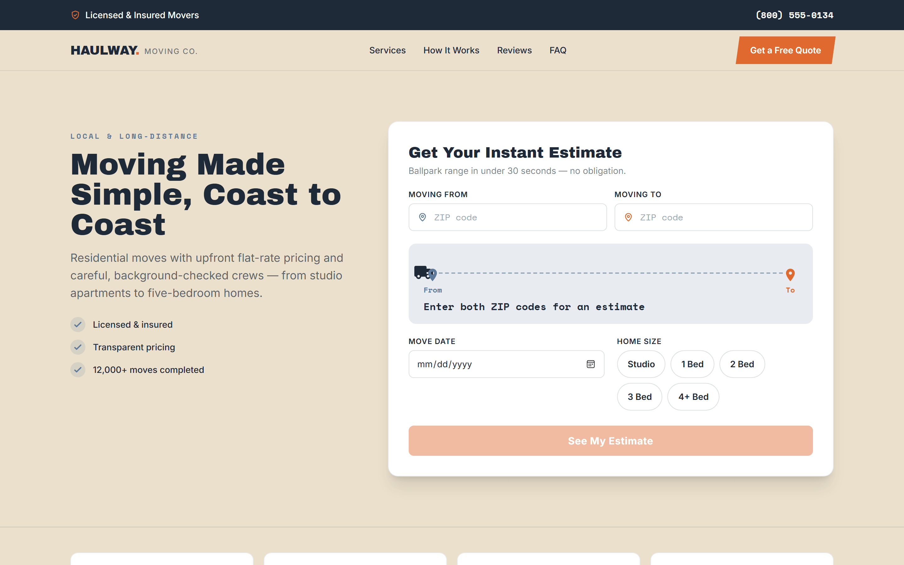 Haulway Moving hero — the headline Moving Made Simple, Coast to Coast beside an instant estimate form on warm sand.