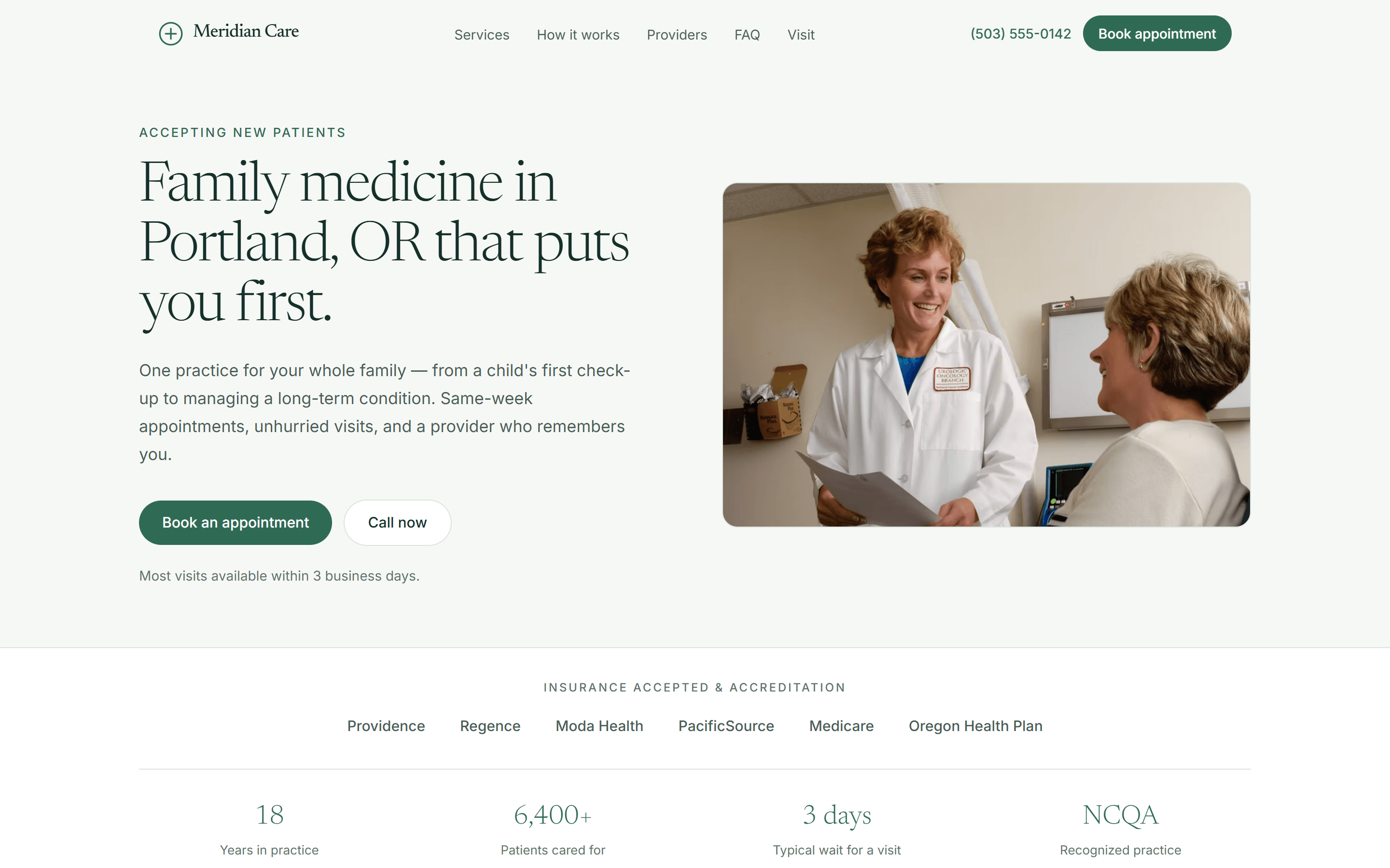 Meridian Care landing page — headline reading Family Medicine in Portland, OR that puts you first, beside a soft green illustration.