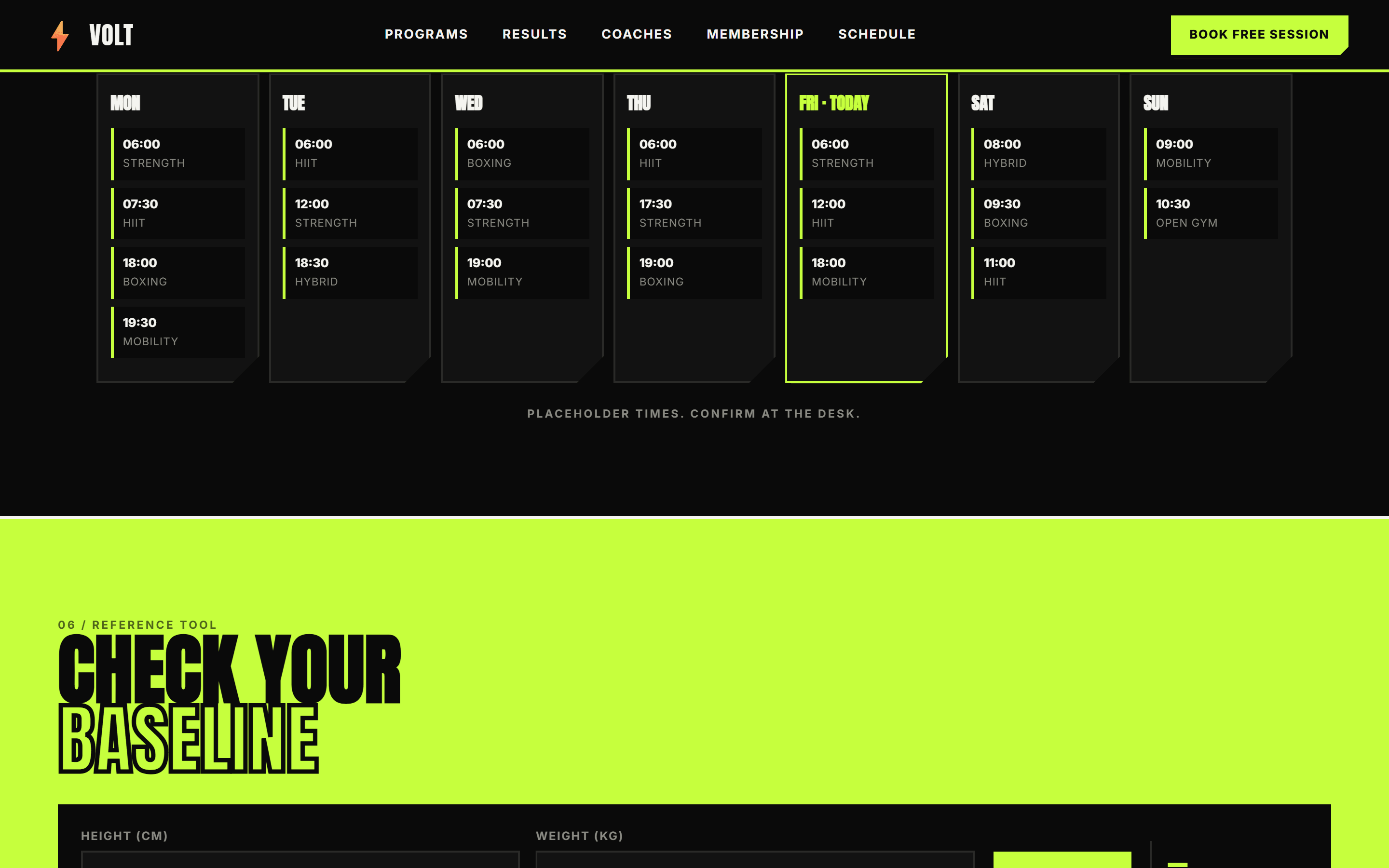VOLT Fitness class schedule filtered by class type, each session tagged with an intensity rating.
