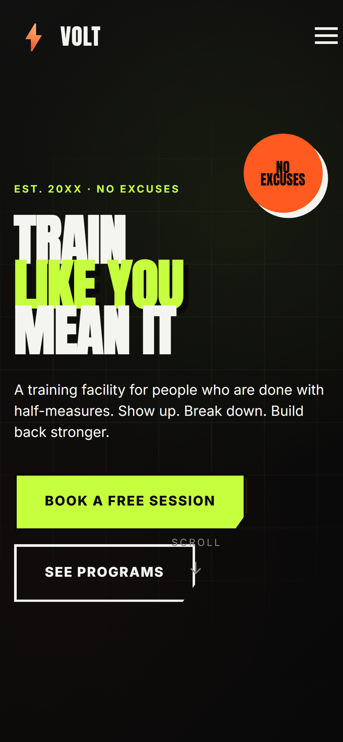 The VOLT Fitness hero on a phone — the oversized condensed headline re-set for a narrow screen.