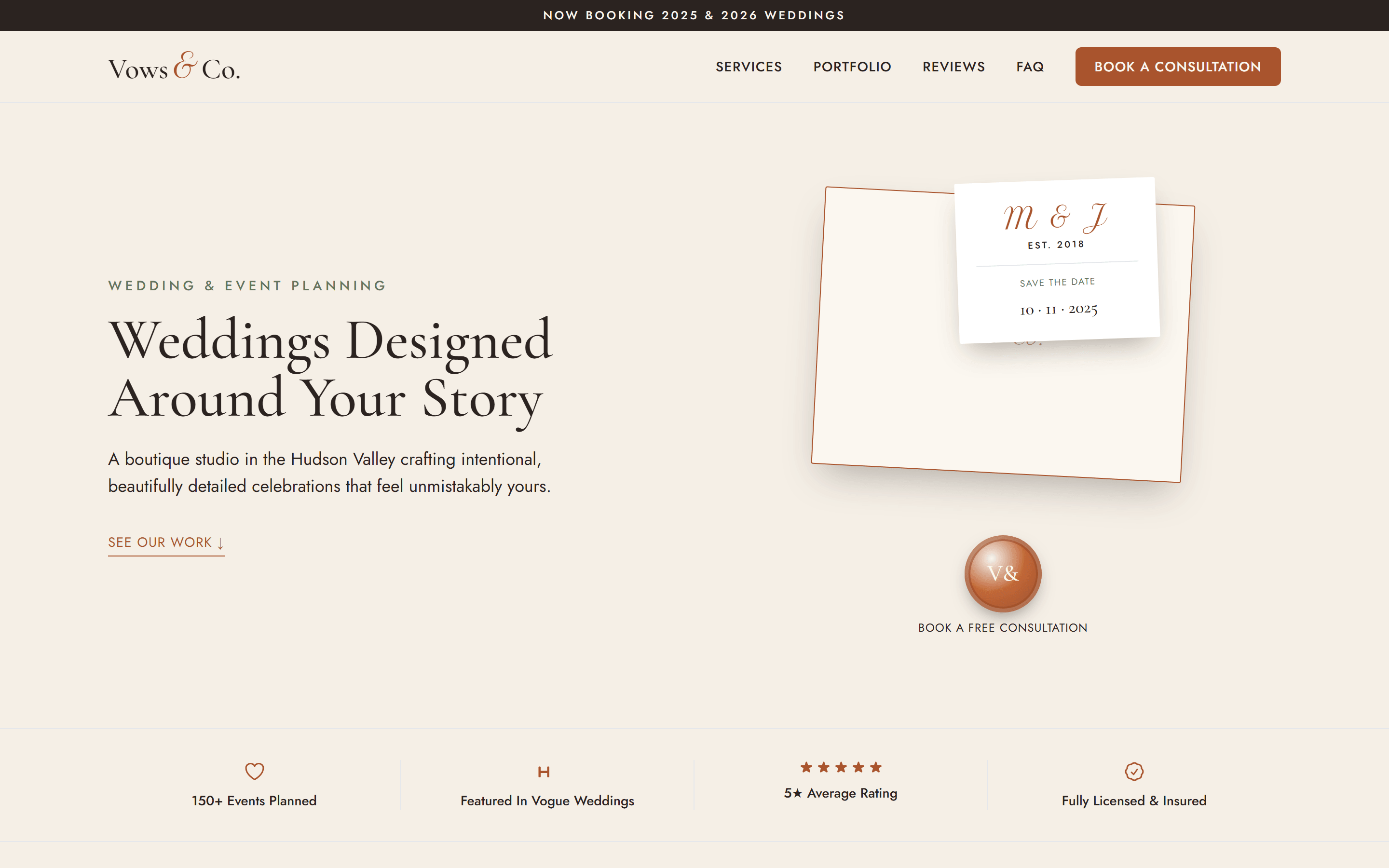 Vows & Co. hero — the headline Weddings Designed Around Your Story in an editorial serif beside a save-the-date card illustration on blush paper.